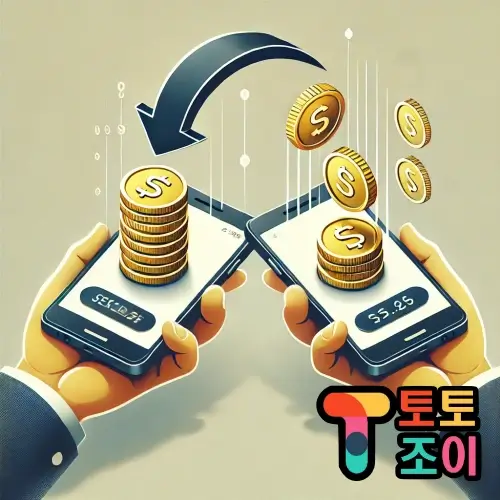 이 이미지는 두 스마트폰 사이에서 동전이 이동하는 모습을 보여주며, 자본력과 빠르고 안전한 환전 시스템의 중요성을 강조하고 있습니다. 토토조이는 철저한 검증을 통해 자본력이 탄탄한 사이트만을 추천하며, 사용자들이 안심하고 베팅을 즐길 수 있도록 신속한 환전 시스템을 제공합니다.
